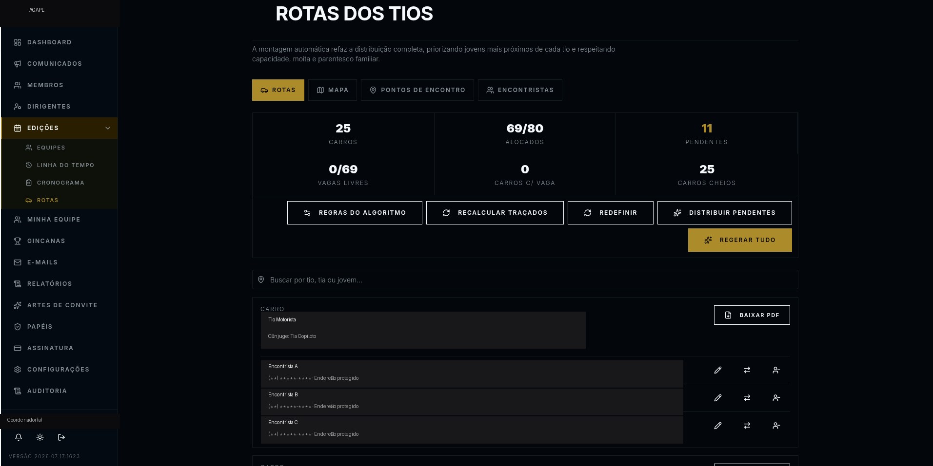 Lista de rotas dos tios com vagas, motoristas e passageiros.