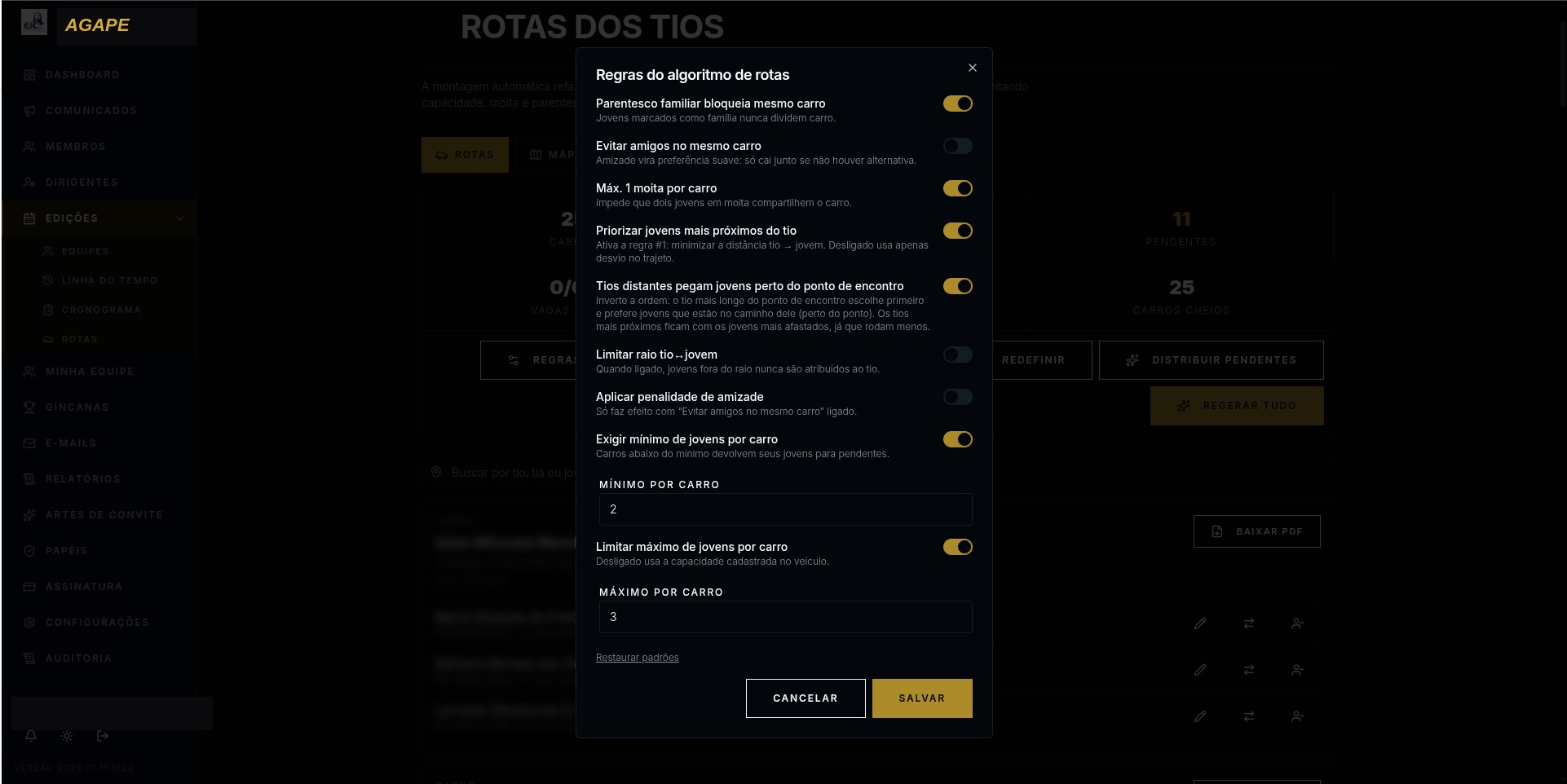 Central de configuração do algoritmo de roteirização.